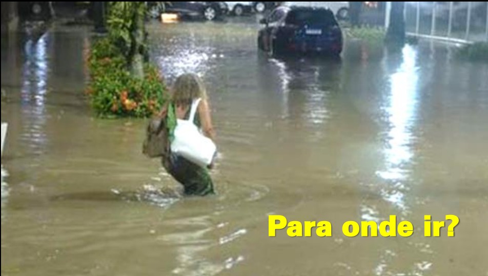 Pessoa atravessando rua alagada