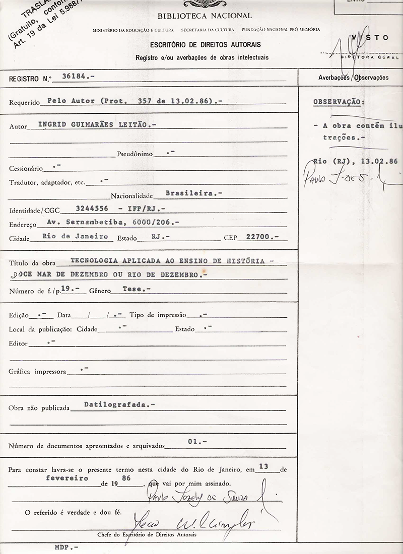 Registro na Biblioteca Nacional 1986